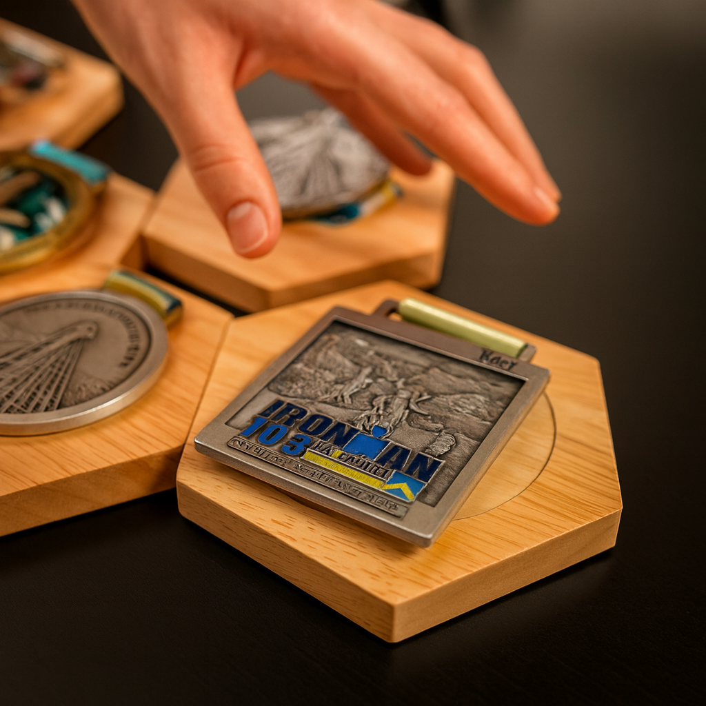 Présentoirs de Médailles Hexagonaux en Bois - Finisherzone