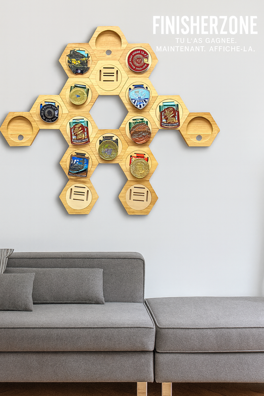 Présentoirs de Médailles Hexagonaux en Bois - Finisherzone
