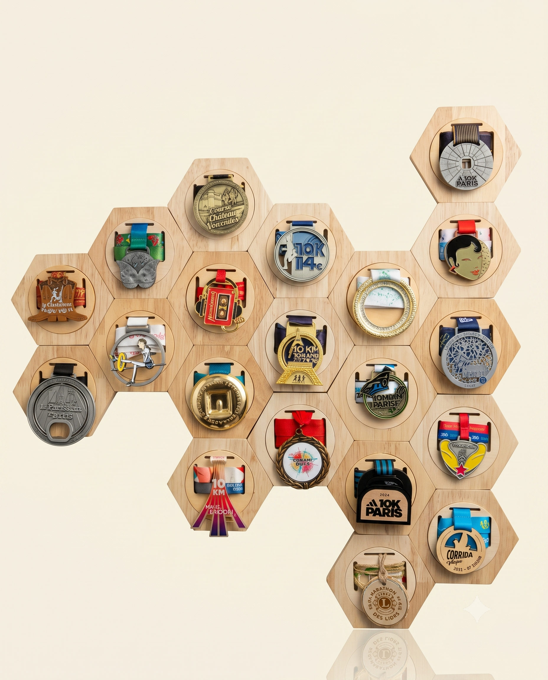 Présentoirs de Médailles Hexagonaux en Bois - Finisherzone