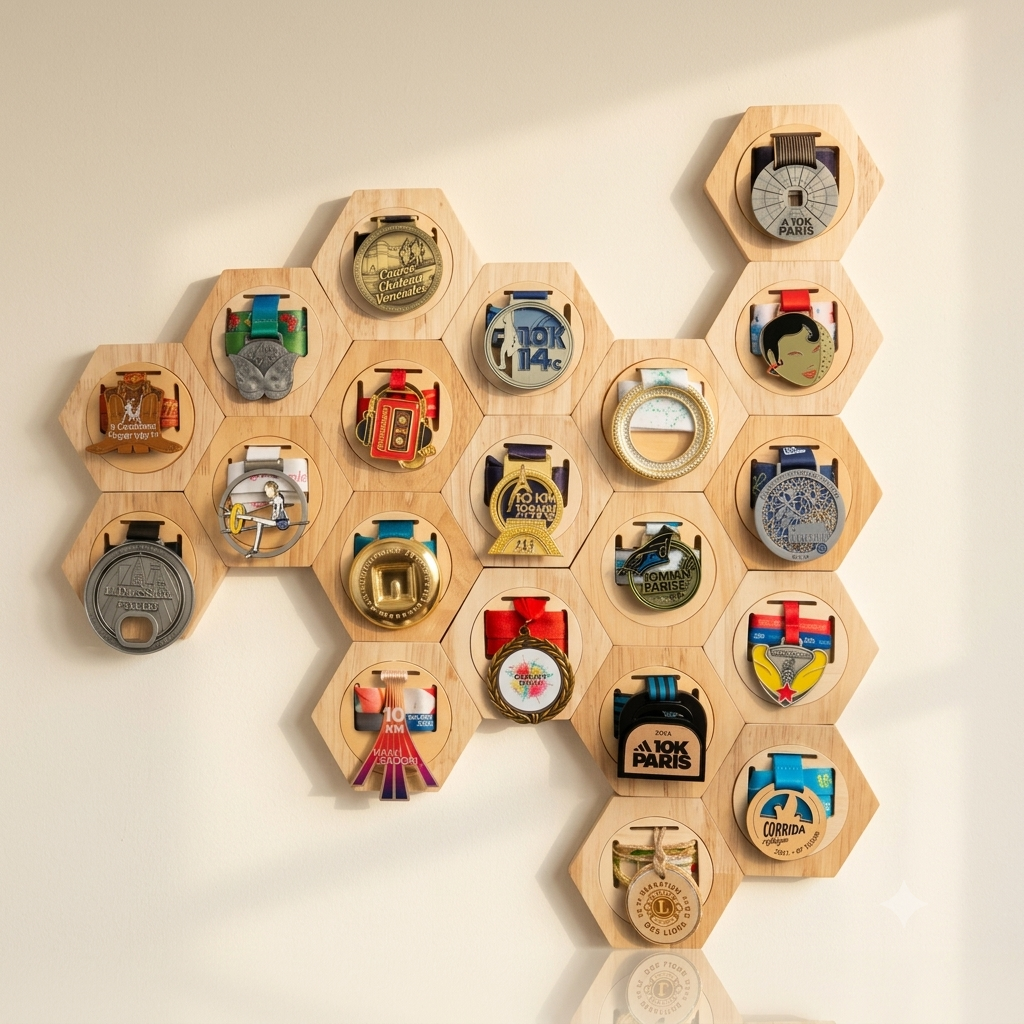 Présentoirs de Médailles Hexagonaux en Bois